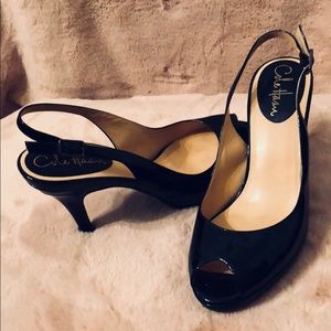Cole Haan black patent pee toe heel